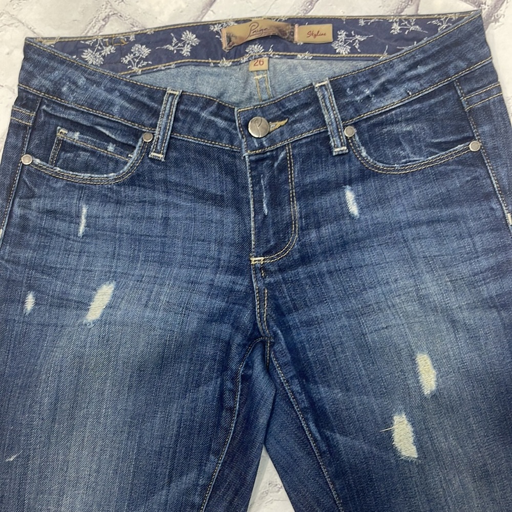 Paige Skyline Mid-Rise Jeans Light Distressing Skinny Straight Dark Wash Denim - Picture 2 of 11